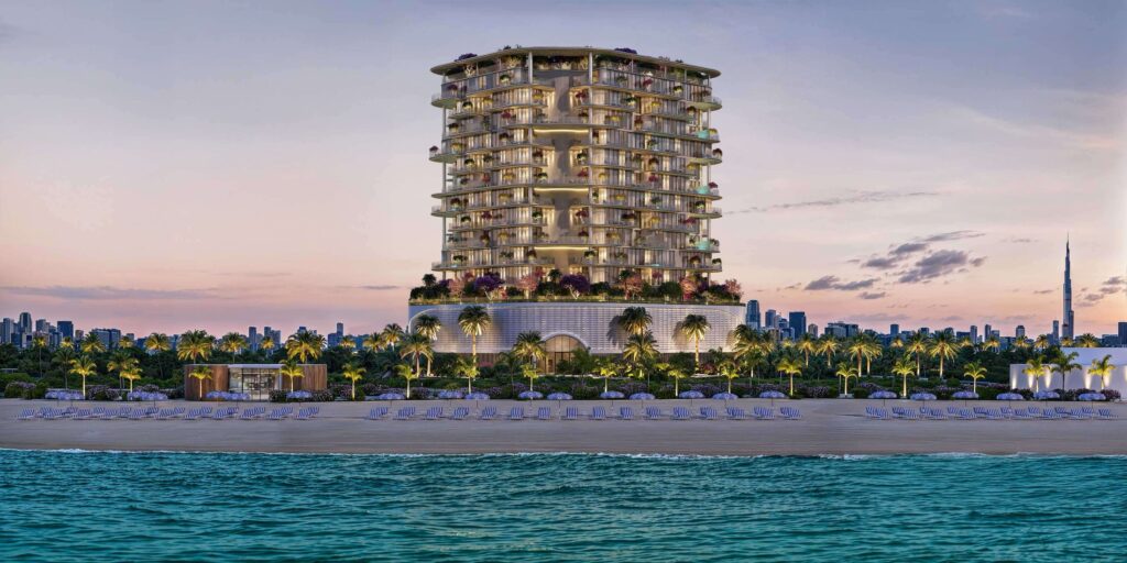 Villa Del Brunello residences across the turquoise water at sunset, Dubai Islands