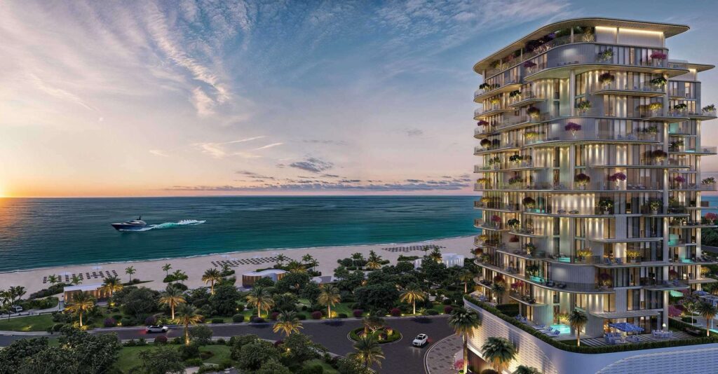 Villa Del Brunello building beside the beach at dusk, Dubai Islands