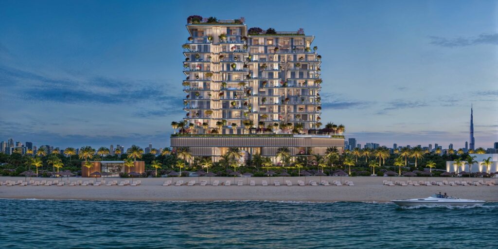 Villa Del Divos tower seen from the sea at dusk, Dubai Islands