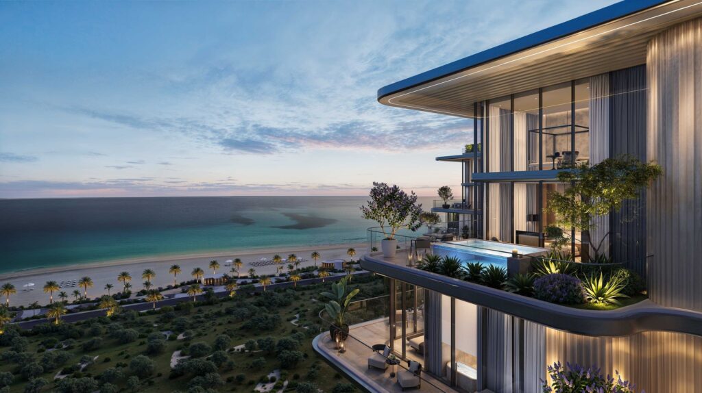 Corner terrace with pool overlooking the beach at Villa Del Divos, Dubai Islands