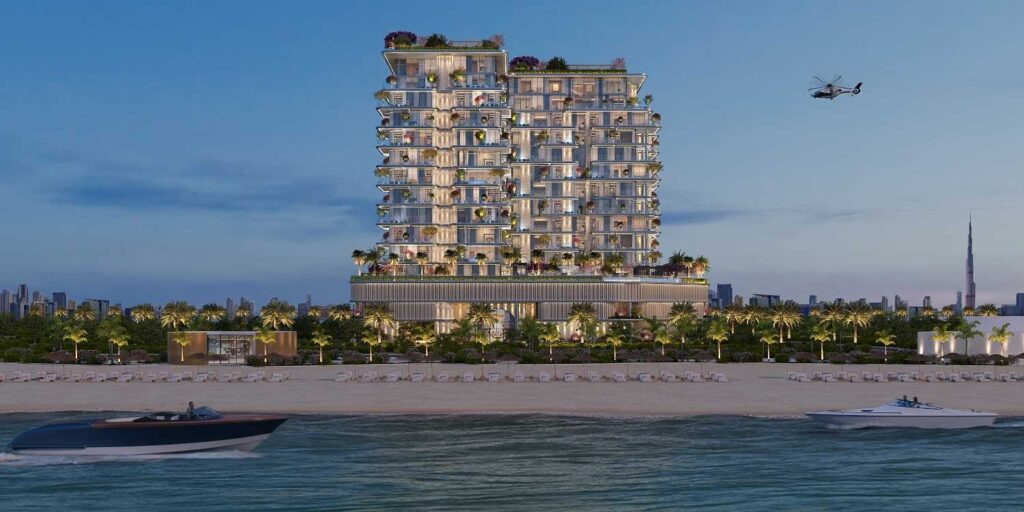 Villa Del Divos tower on the beachfront with the skyline beyond, Dubai Islands