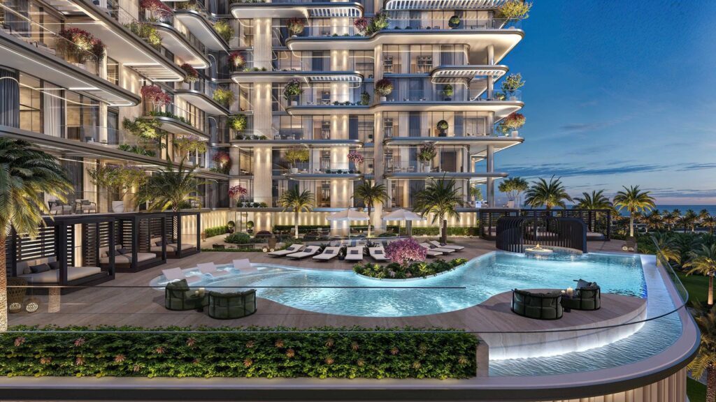 Lagoon pool and terraces at night at Villa Del Divos, Dubai Islands