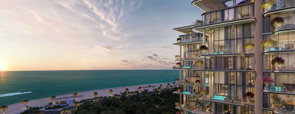 Villa Del Gavi beachfront tower at sunset with glass balconies and sea views, Dubai Islands