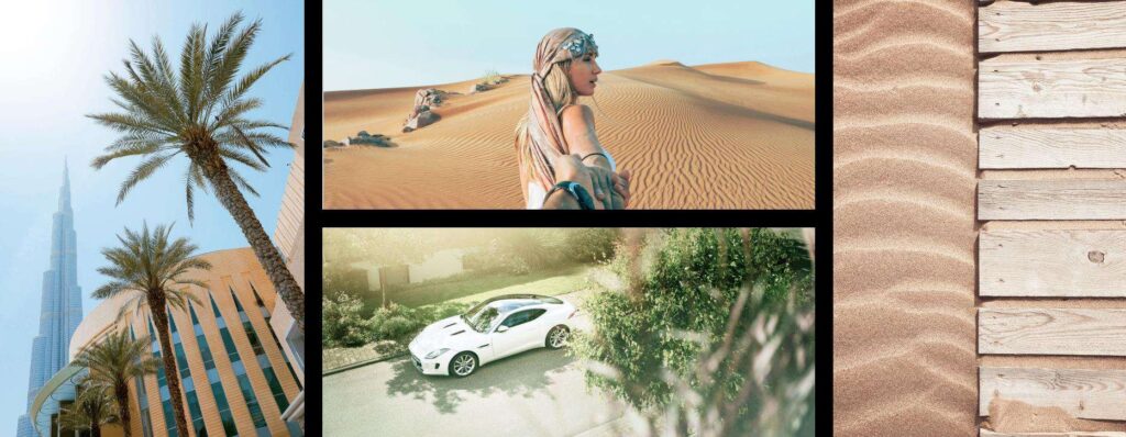Mood collage of palms, desert and lifestyle for Zephyra Residences, Dubai Islands