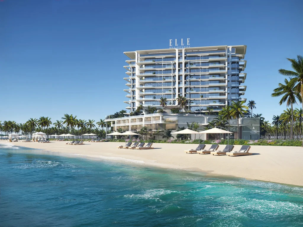 Elle Residences behind a white sand beach and sea, Dubai Islands