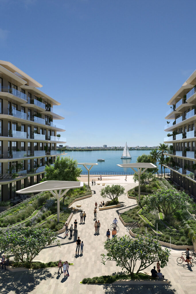 Waterfront apartment buildings around a landscaped promenade, Modon developer properties in Abu Dhabi and Dubai
