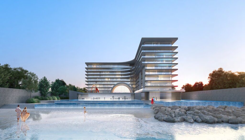 Curved terraces of Armani Beach Residences above a reflecting pool, Palm Jumeirah