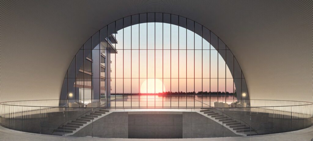 Arched opening framing the sunset over the sea at Armani Beach Residences, Palm Jumeirah