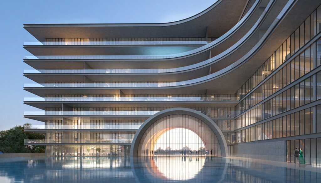 Stacked terraces and arched entrance at Armani Beach Residences, Palm Jumeirah