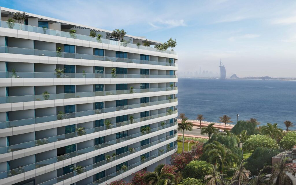 Azizi Mina building with Burj Al Arab in the distance, Palm Jumeirah