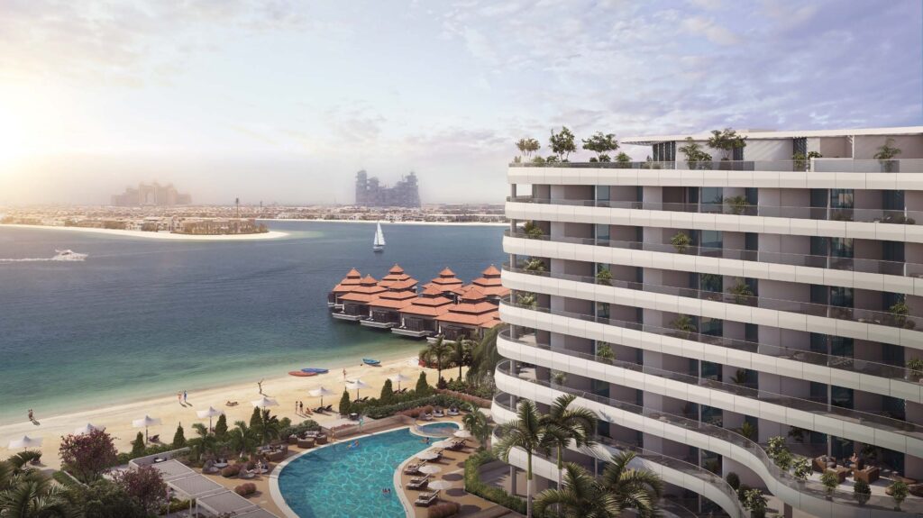 Azizi Mina beside the beach and pool at sunset, Palm Jumeirah