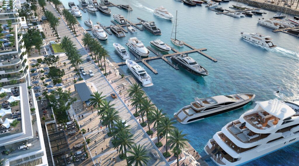 Aerial view of superyacht berths along the promenade at Bayline by Emaar, Rashid Yachts and Marina