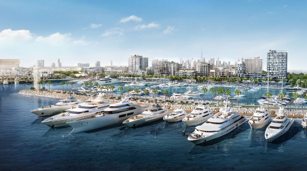 Yachts moored in the marina near Bayline by Emaar, Rashid Yachts and Marina