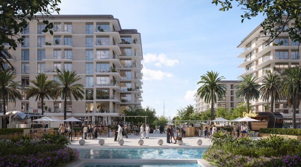 Bayline by Emaar buildings above a palm lined pool, Rashid Yachts and Marina