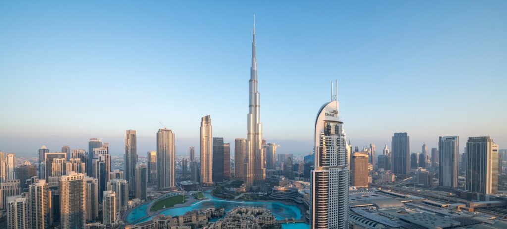 Downtown Dubai skyline with Burj Khalifa, area imagery for Bayline by Emaar