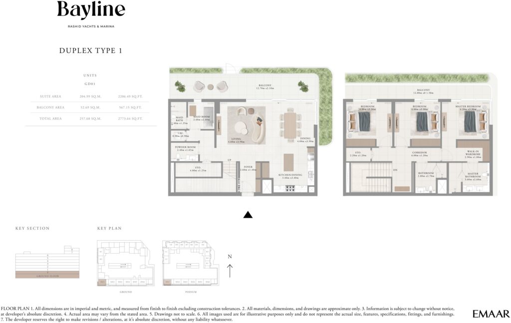 Bayline by Emaar 3 bedroom duplex floor plan, Rashid Yachts and Marina