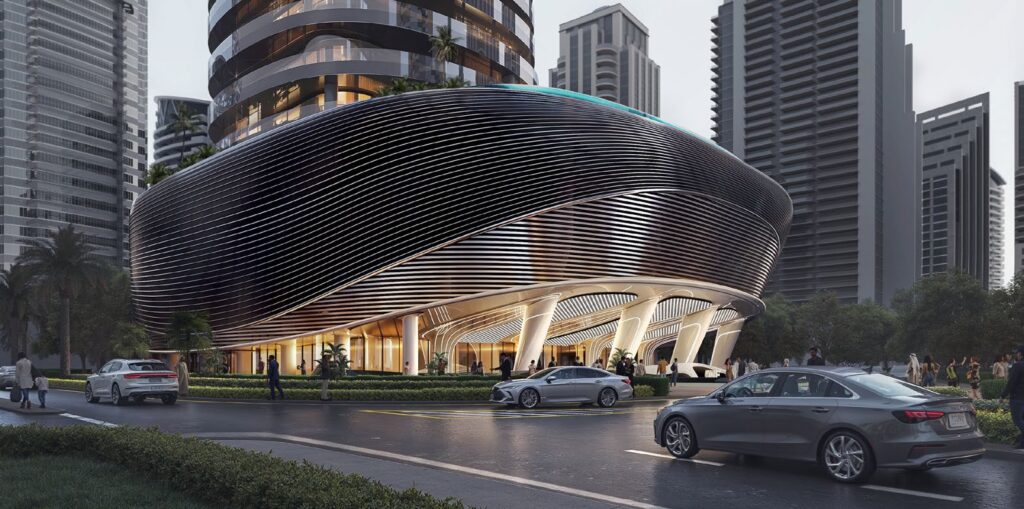 Sculptural curved podium entrance with drop off driveway at Binghatti Skyblade, Downtown Dubai