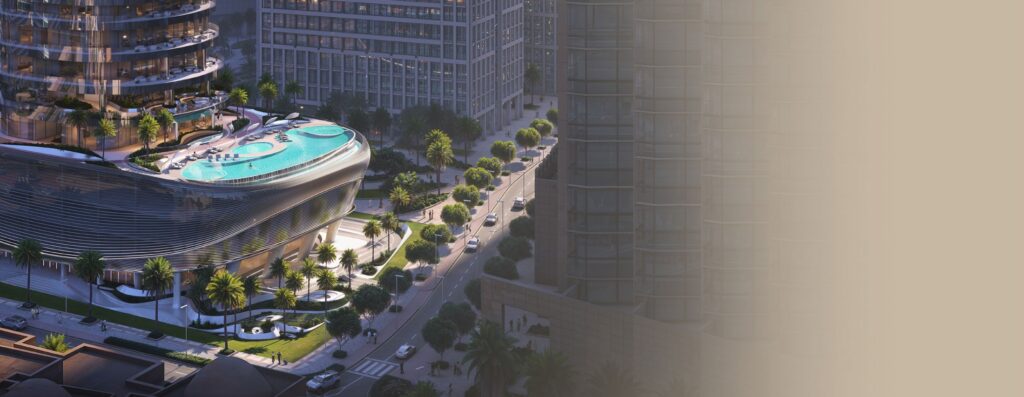 Aerial view of the podium pool deck and tree lined boulevard at Binghatti Skyblade, Downtown Dubai