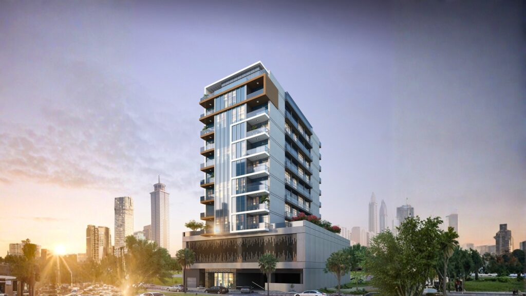 Brand Centro residential building at sunset with skyline, Al Wasl, Dubai