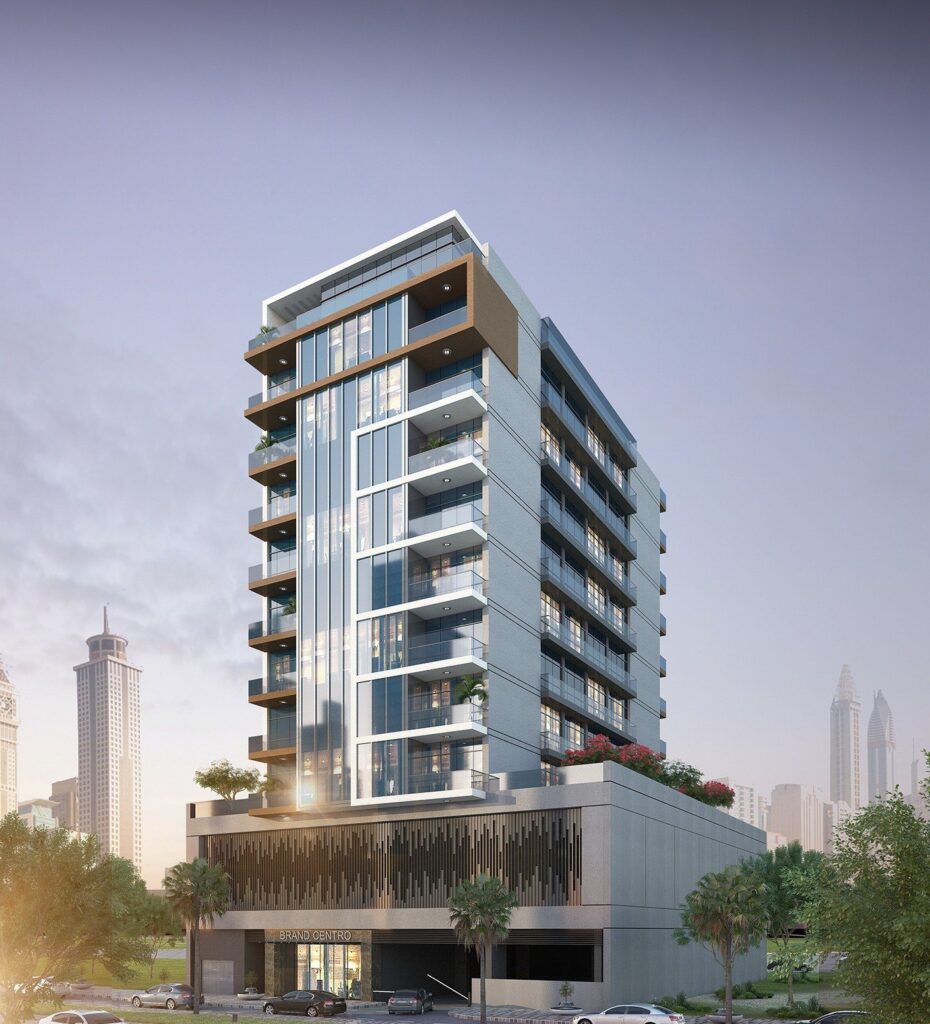Brand Centro tower at dusk with landscaped base, Al Wasl, Dubai
