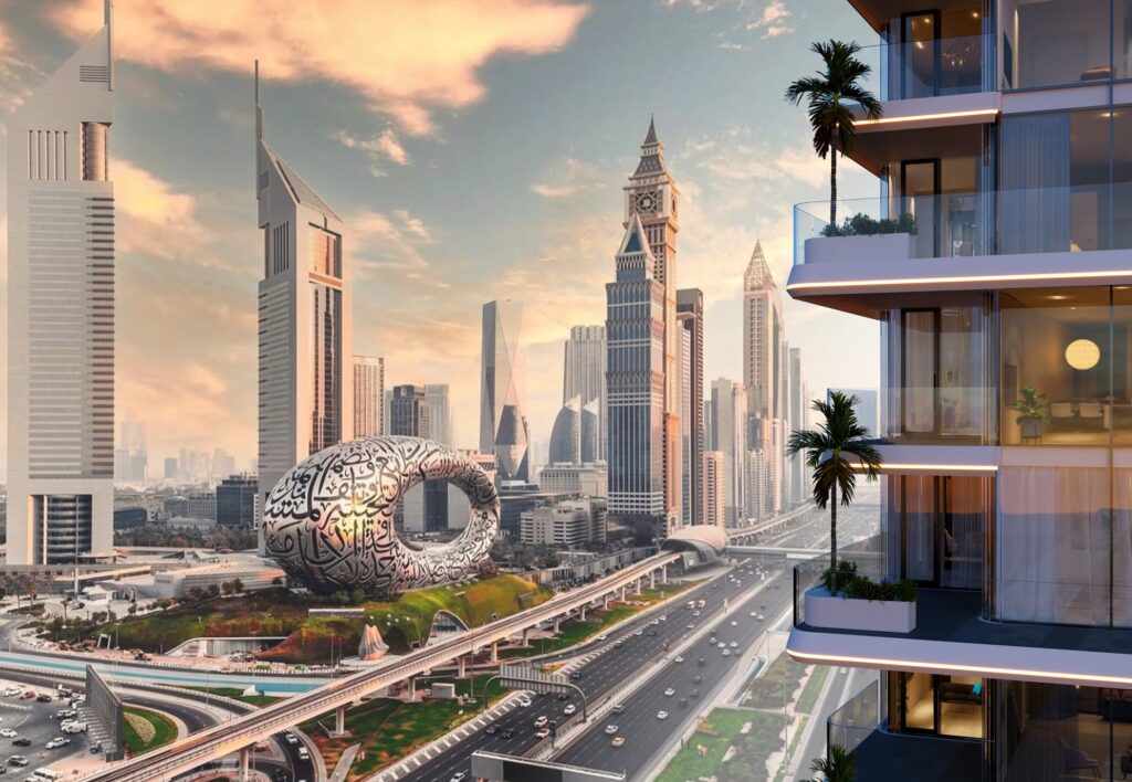 Balcony view over Sheikh Zayed Road towers at Chelsea Gardens by Alaia, Al Wasl, Dubai