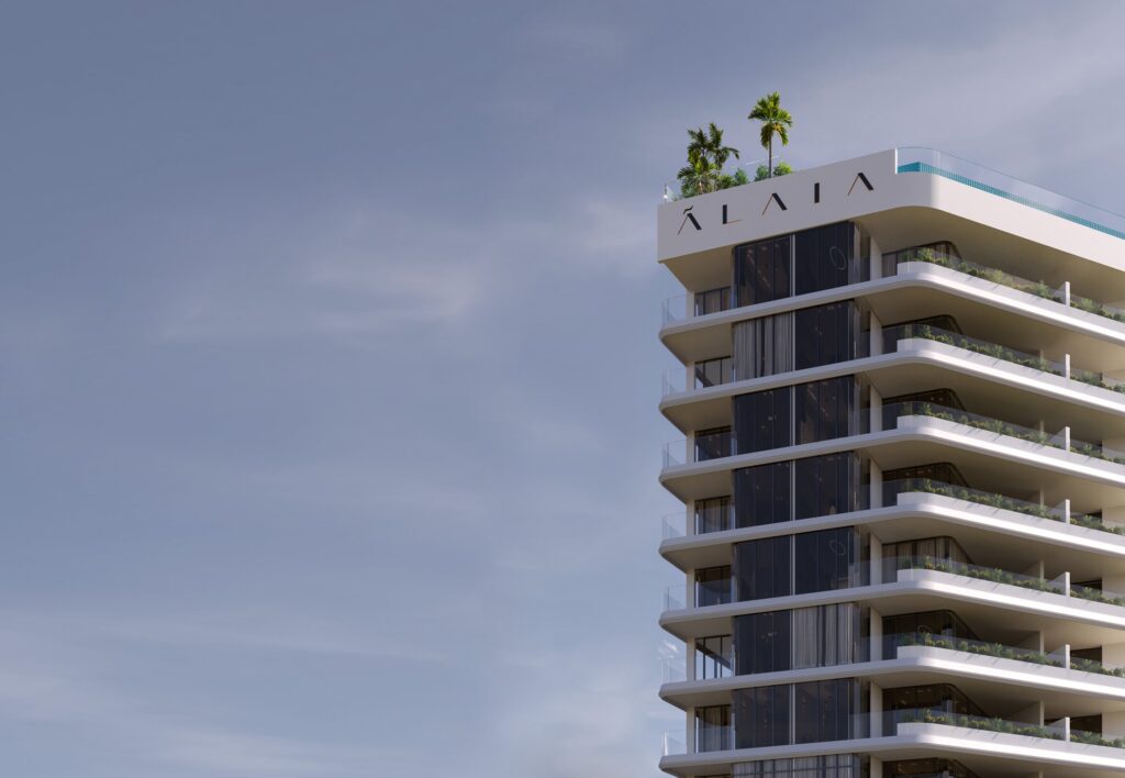 Chelsea Gardens by Alaia tower with rooftop palms against the sky, Al Wasl, Dubai