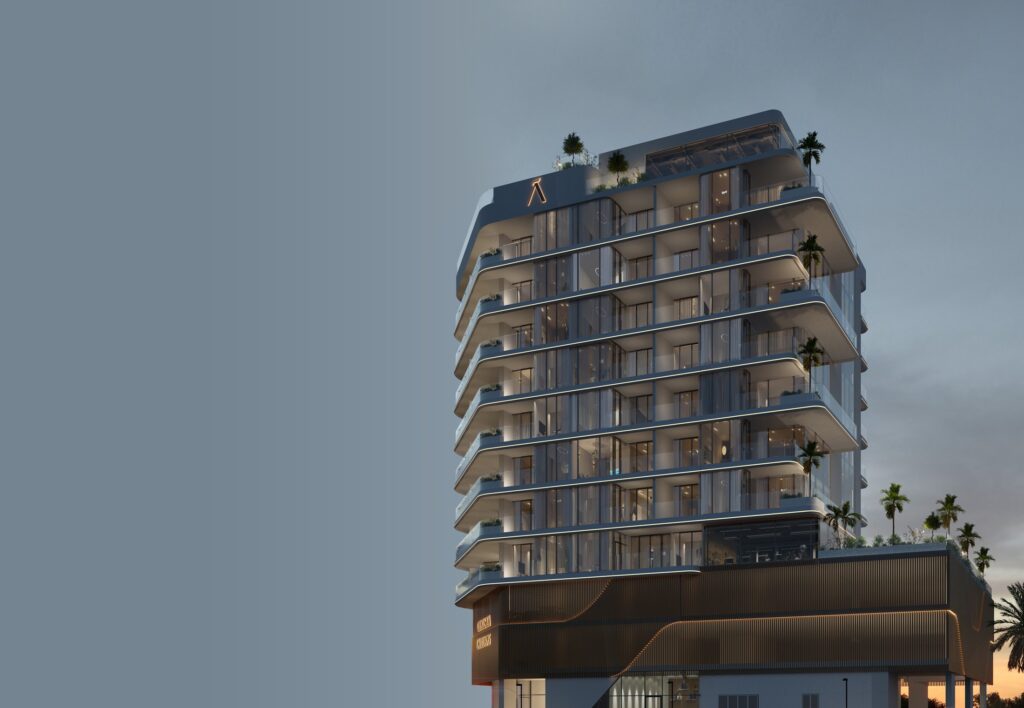 Chelsea Gardens by Alaia building lit at dusk, Al Wasl, Dubai