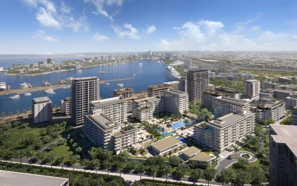 Aerial view of the Clearpoint by Emaar buildings beside the harbour, Rashid Yachts and Marina