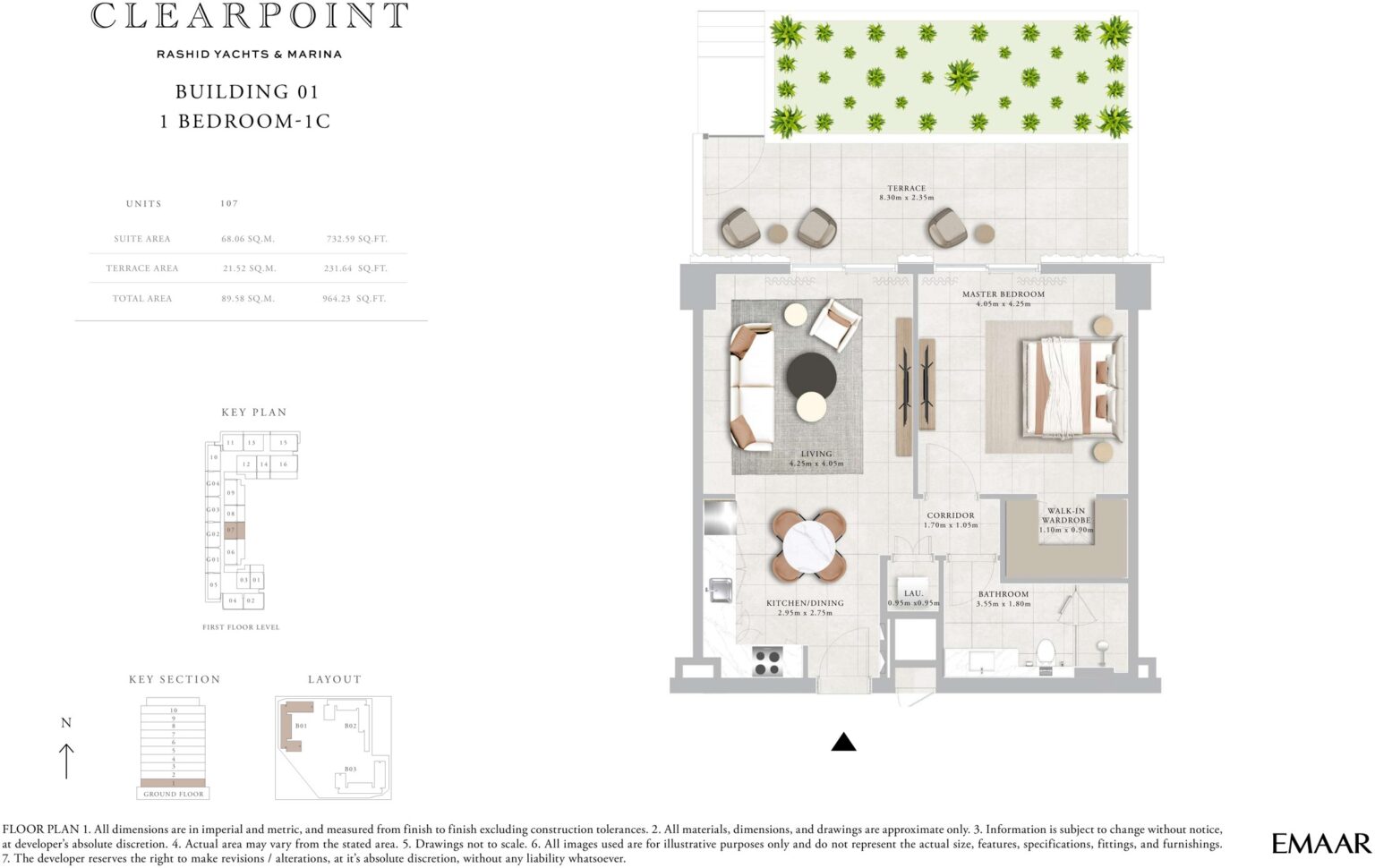 Clearpoint by Emaar 1 bedroom apartment floor plan, Rashid Yachts and Marina