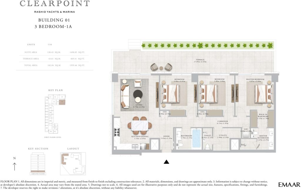 Clearpoint by Emaar 3 bedroom apartment floor plan, Rashid Yachts and Marina