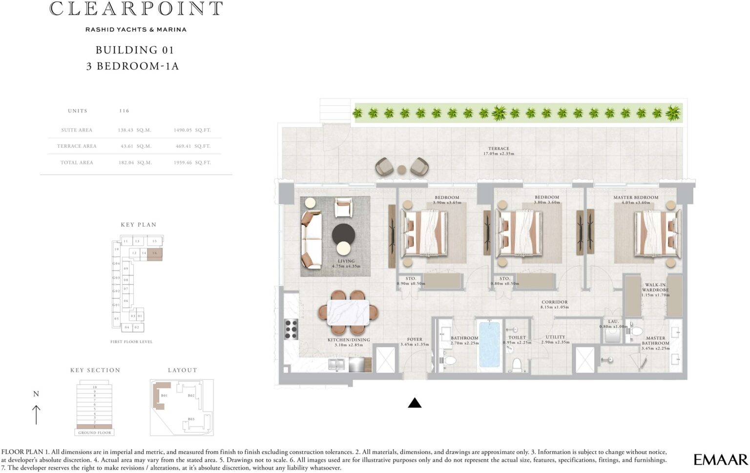 Clearpoint by Emaar 3 bedroom apartment floor plan, Rashid Yachts and Marina