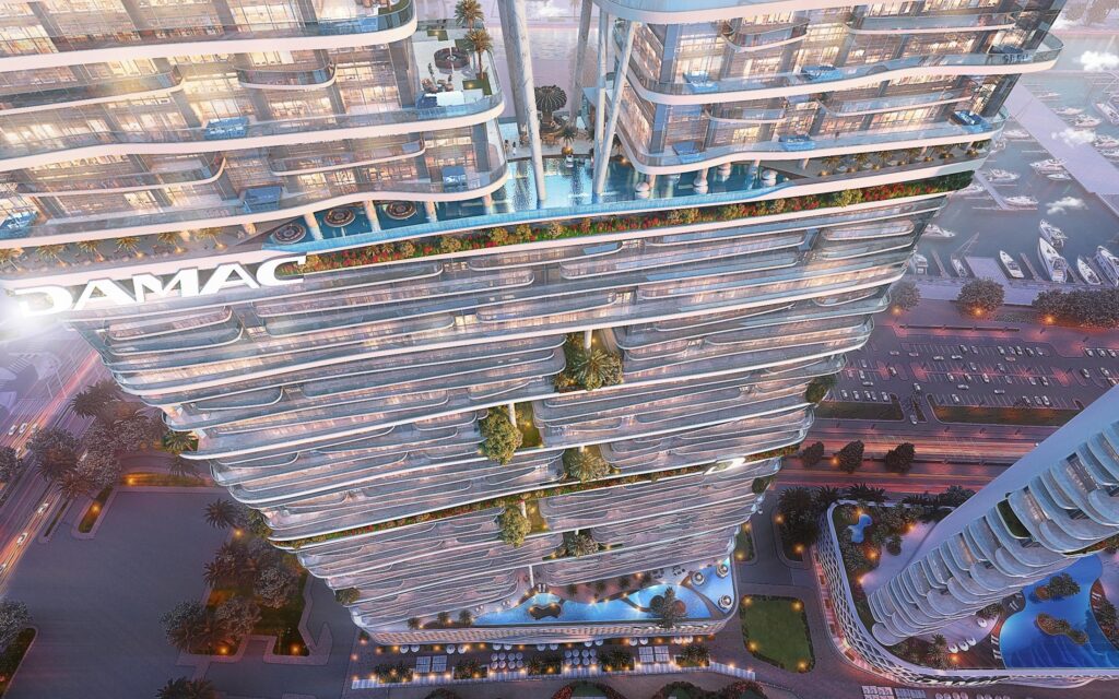 Close view of the tower facade with landscaped balconies and podium at DAMAC Bay 2, Dubai Harbour