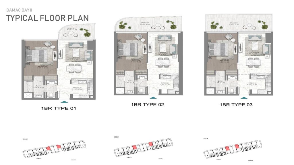 DAMAC Bay 2 - Floorplans - 1 Bedroom