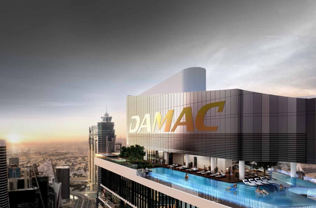 Sky pool terrace and podium signage at DAMAC Towers by Paramount, Business Bay