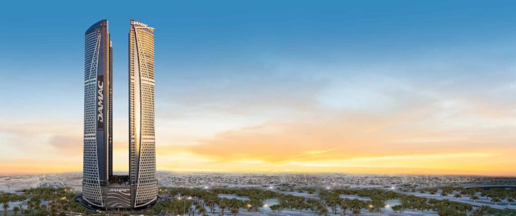 DAMAC Towers by Paramount towers at sunrise against the skyline, Business Bay