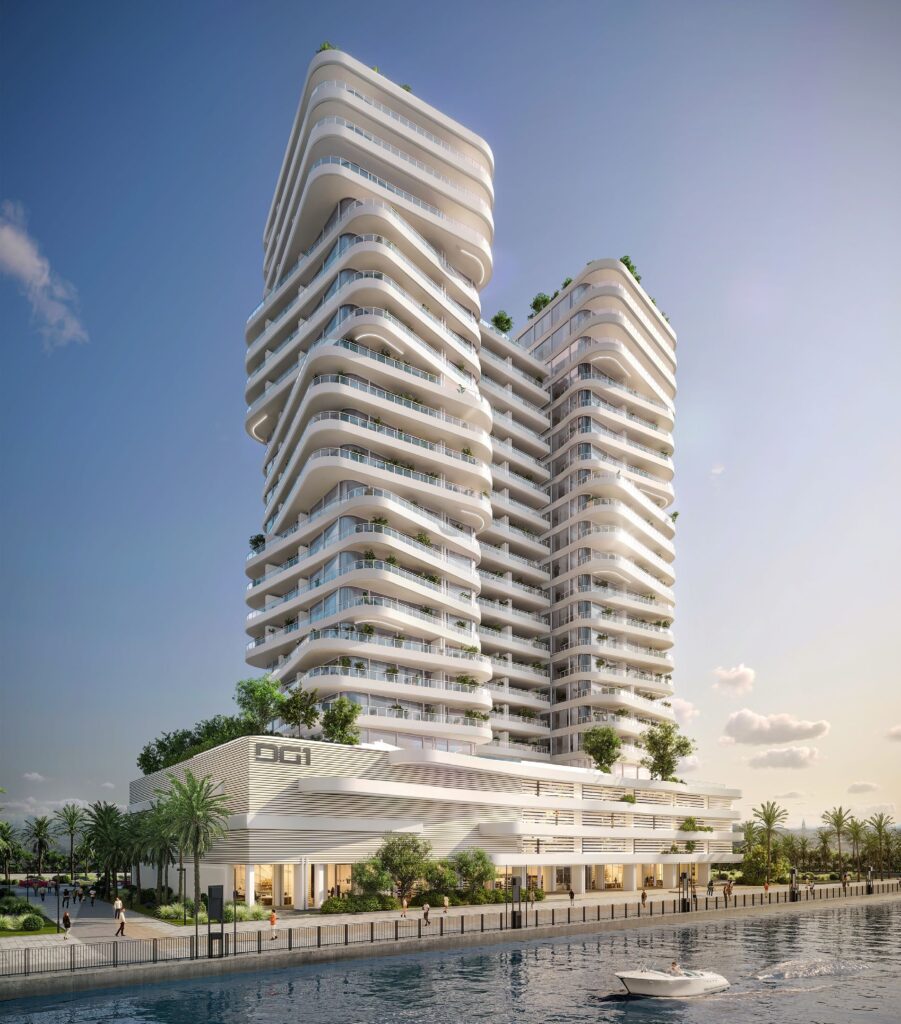 DG1 Living twin towers with flowing balconies on the canal, Business Bay