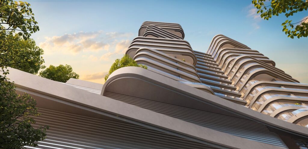 Curved balconies of DG1 Living seen from a garden terrace, Business Bay