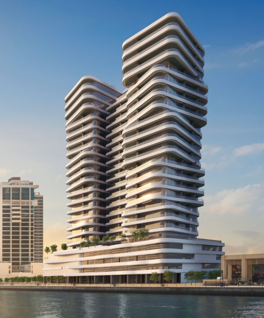 DG1 Living towers rising beside the Dubai Water Canal, Business Bay