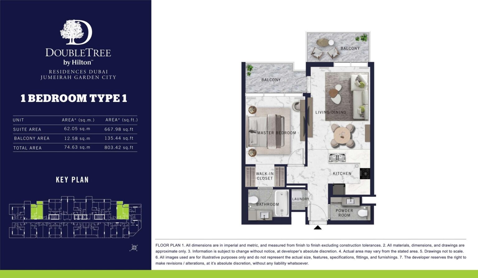 DoubleTree by Hilton Residences 1 bedroom apartment floor plan, type 1, Jumeirah Garden City, Al Wasl