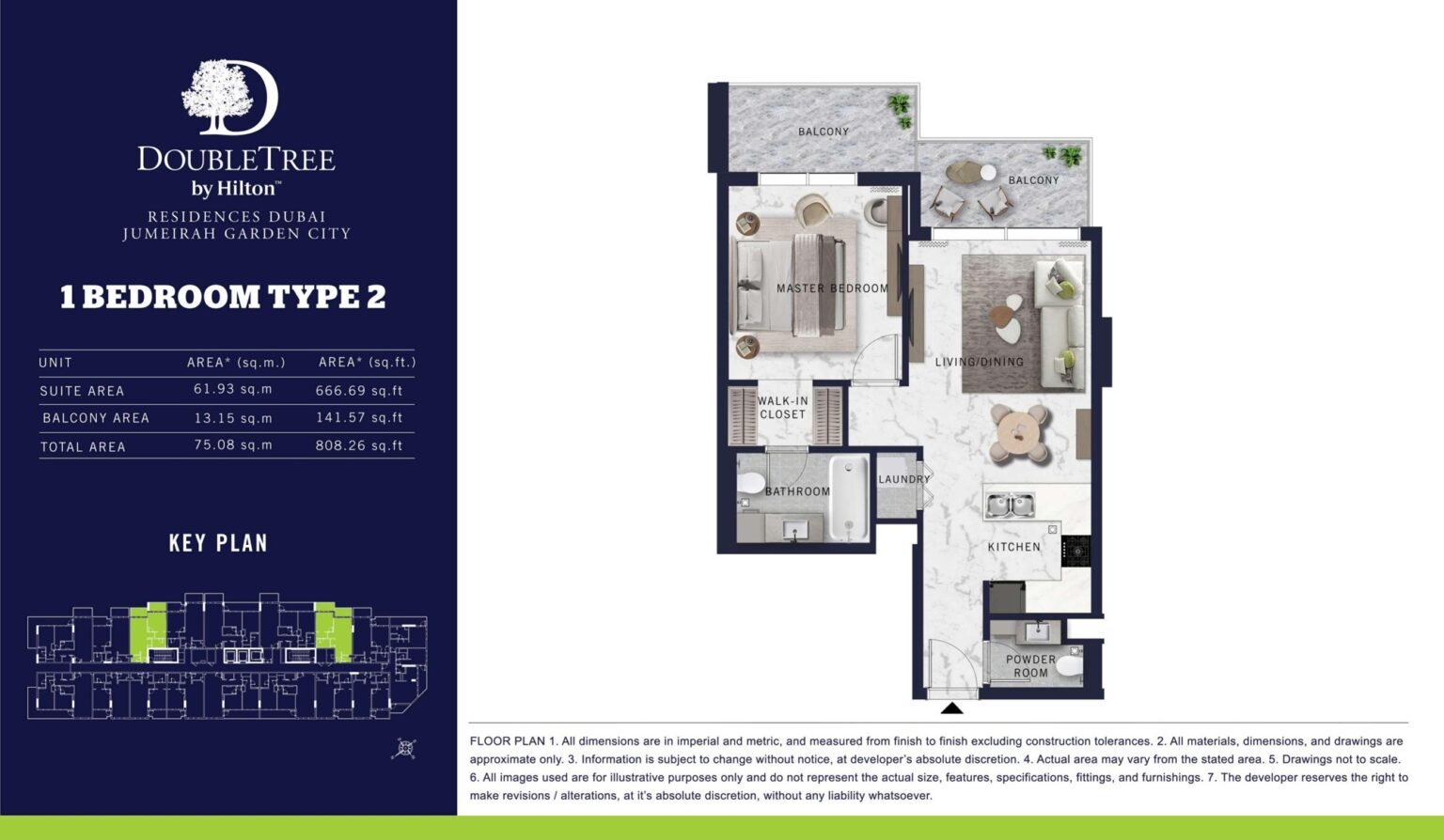 DoubleTree by Hilton Residences 1 bedroom apartment floor plan, type 2, Jumeirah Garden City, Al Wasl