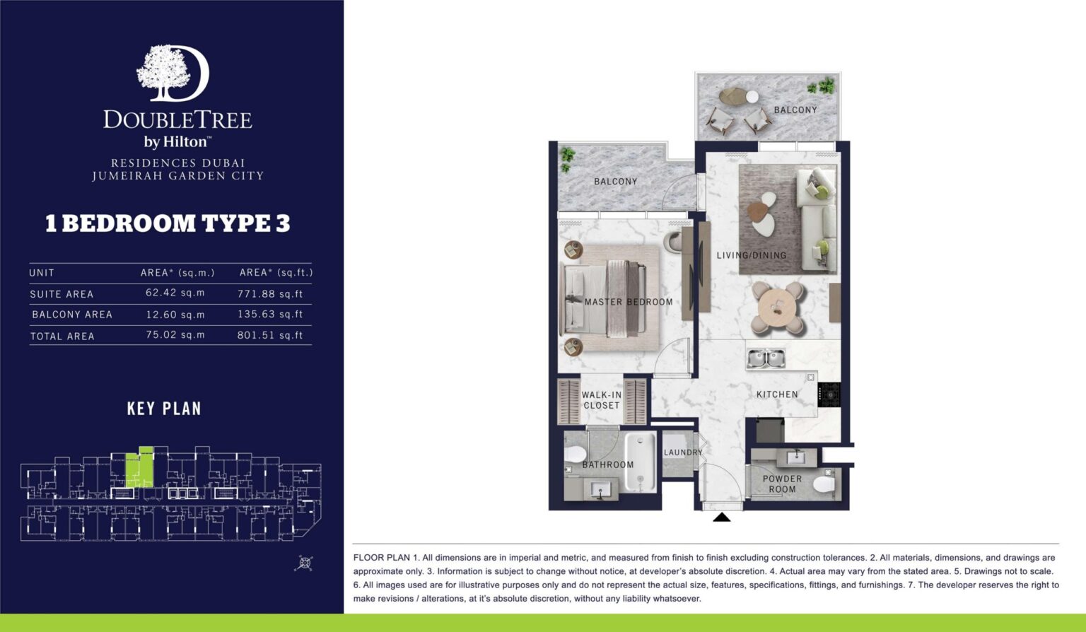 DoubleTree by Hilton Residences 1 bedroom apartment floor plan, type 3, Jumeirah Garden City, Al Wasl