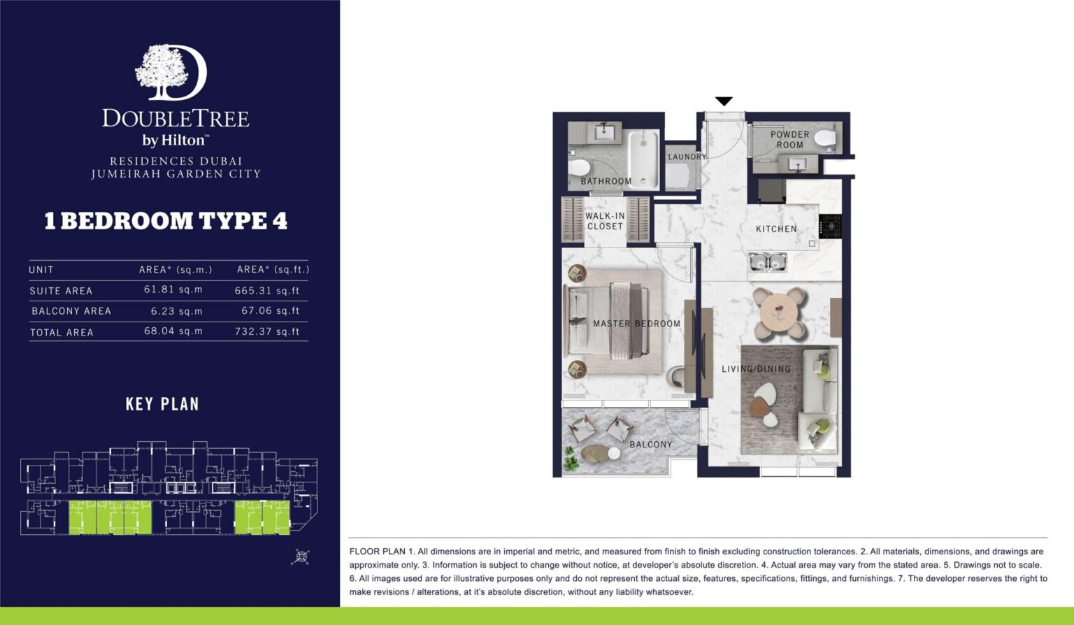 DoubleTree by Hilton Residences 1 bedroom apartment floor plan, type 4, Jumeirah Garden City, Al Wasl