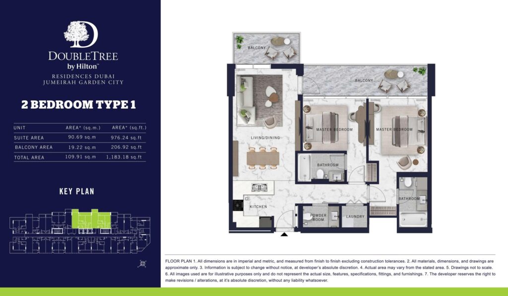 DoubleTree by Hilton Residences 2 bedroom apartment floor plan, type 1, Jumeirah Garden City, Al Wasl