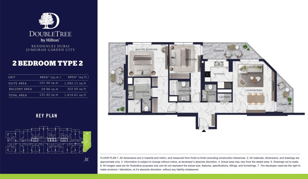 DoubleTree by Hilton Residences 2 bedroom apartment floor plan, type 2, Jumeirah Garden City, Al Wasl
