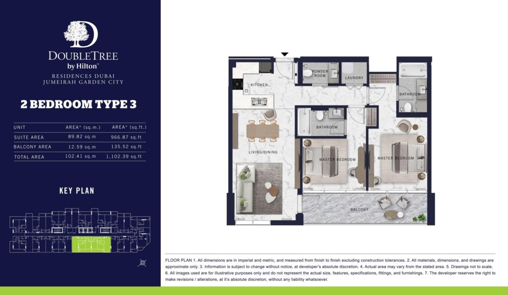 DoubleTree by Hilton Residences 2 bedroom apartment floor plan, type 3, Jumeirah Garden City, Al Wasl