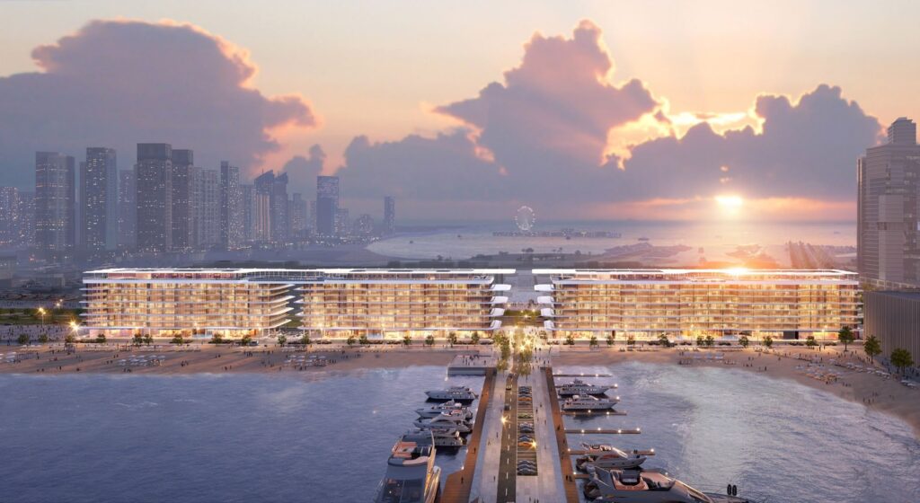 Dubai Harbour Residences beside the marina at sunset, Dubai Harbour