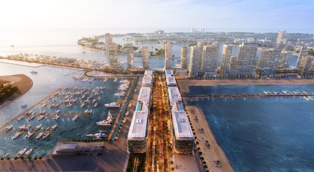Aerial view of the marina and Dubai Harbour Residences at dusk, Dubai Harbour
