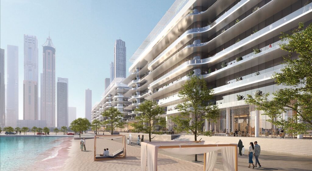 Dubai Harbour Residences terraces along the waterfront promenade, Dubai Harbour
