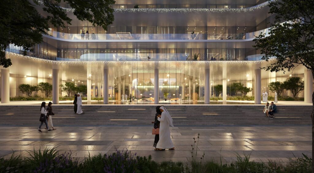 Glazed ground floor entrance of Dubai Harbour Residences at night, Dubai Harbour