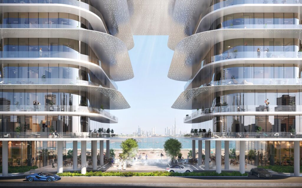 Twin curved wings of Dubai Harbour Residences framing the sea, Dubai Harbour